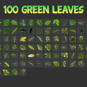 May include: A collection of 100 green leaves, each with a unique shape and shade, arranged in a grid pattern against a dark gray background. The text "100 GREEN LEAVES" is displayed in a gradient yellow-green font.