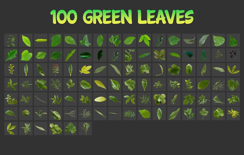 May include: A collection of 100 green leaves, each with a unique shape and shade, arranged in a grid pattern against a dark gray background. The text "100 GREEN LEAVES" is displayed in a gradient yellow-green font.