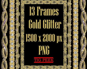 13 cliparts de cadres de paillettes d'or, bordures de confettis, superposition de cadre doré Royal, PNG