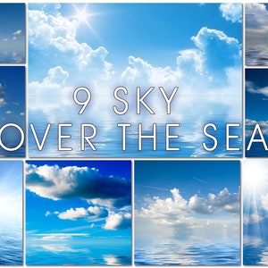 9 Sky over the sea, Blue Sky Overlays, Sunny Sky Overlay, Digital Sky reflected, Ocean water, clouds photo overlay, Shining sky background