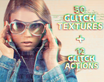 50 Glitch Abstrakte Texturen, Photoshop 3D Glitch Effekt Aktionen, Glitch Distortion Foto Effekt, TV VHS Glitch Overlays, 3D Anaglyph Duotone