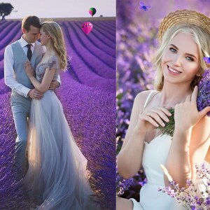 Puede incluir: Una pareja en un campo de lavanda con globos aerost&aacute;ticos en el fondo. La mujer lleva un vestido azul claro y el hombre lleva un traje.