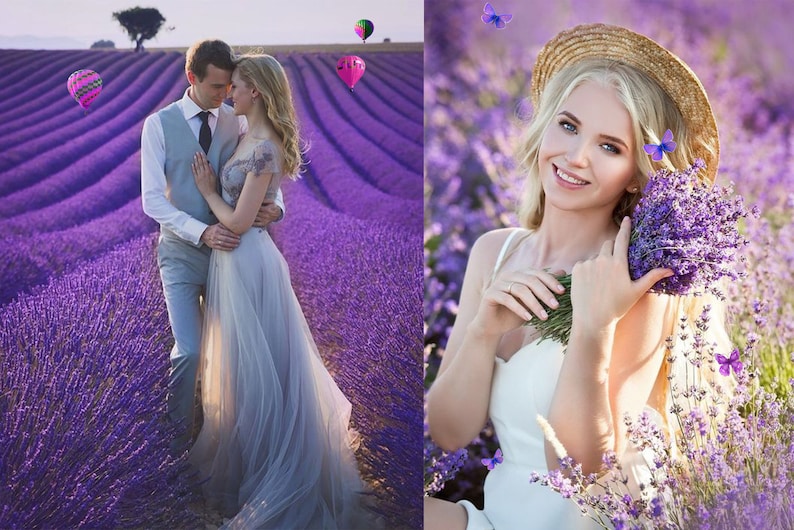 Puede incluir: Una pareja en un campo de lavanda con globos aerost&aacute;ticos en el fondo. La mujer lleva un vestido azul claro y el hombre lleva un traje.