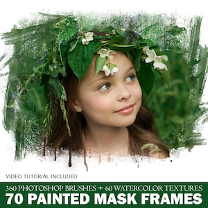 Puede incluir: Una joven con cabello largo y castaño lleva una corona de flores con flores blancas. Está enmarcada por un borde verde de estilo acuarela con gotas de pintura. El texto "70 PAINTED MASK FRAMES" está en la parte inferior de la imagen.