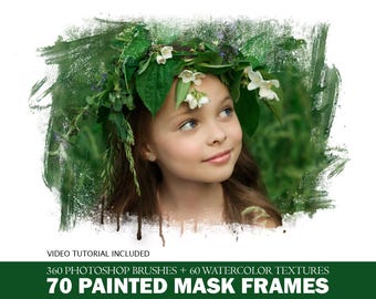 70 Watercolor Painted Mask Frames, Photo Overlays, Watercolor Textures Clipping Masks, Brushes, PNG