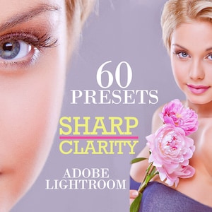 Op de afbeelding: Een set van 60 Adobe Lightroom-presets voor het verbeteren van de beeldhelderheid en scherpte. De tekst "60 Presets Sharp Clarity Adobe Lightroom" wordt weergegeven in geel en roze op een paarse achtergrond.