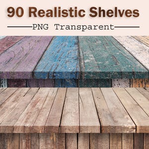 May include: A set of 90 realistic wooden shelves with a distressed, weathered look. The shelves are arranged in a staggered pattern, creating a visually appealing display. The shelves are perfect for showcasing products or creating a rustic, vintage aesthetic.