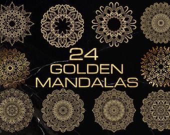 24 Gold Mandalas Clip Art, Gold Foil Mandala, Graphic PNG, Elegant Printable Overlays, Sublimation