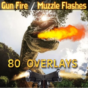 Puede incluir: Una ilustración digital de un dinosaurio respirando fuego con el texto "Gun Fire / Muzzle Flashes" y "80 Overlays" sobre un fondo verde.