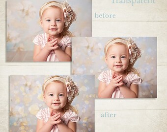 May include: Before and after photo of a young girl wearing a pink dress and a flower headband. The before photo shows a plain background, while the after photo has a bokeh effect added to the background.