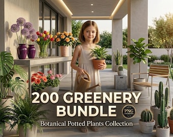 200 GREENERY BUNDLE, Realistic Botanical Potted Plants, House Indoor Flowers, Outdoor Fresh Plants, PNG