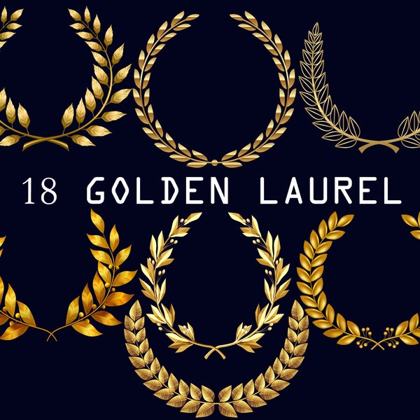 18 Golden Laurel Wreath, Award Badges, Laurel Frame PNG, Pictures Gold Leaves Clipart, Floral Wreath Clipart, Antique Overlays, Gold frame