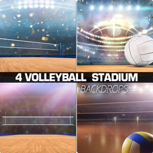 May include: Four digital backdrops of a volleyball stadium with a net, court, and lights. The backdrops are perfect for creating a realistic volleyball game atmosphere.