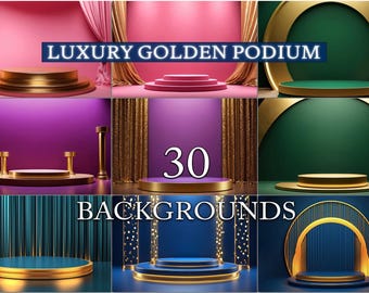 30 Luxury Golden Podium Backgrounds, Elegant Stage Backdrops, Golden Pedestal Scene, Spotlight Velvet Curtains