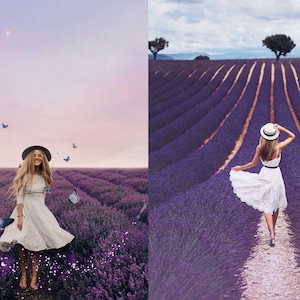 Puede incluir: Dos fotos de una mujer con un vestido blanco y un sombrero de pie en un campo de flores de lavanda p&uacute;rpura. La primera foto muestra a la mujer sonriendo y mirando a la c&aacute;mara. La segunda foto muestra a la mujer caminando hacia atr&aacute;s de la c&aacute;mara.