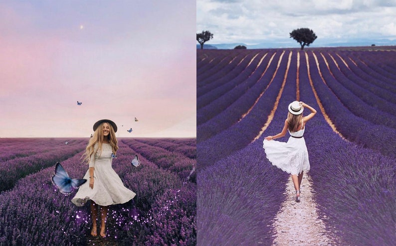 Puede incluir: Dos fotos de una mujer con un vestido blanco y un sombrero de pie en un campo de flores de lavanda p&uacute;rpura. La primera foto muestra a la mujer sonriendo y mirando a la c&aacute;mara. La segunda foto muestra a la mujer caminando hacia atr&aacute;s de la c&aacute;mara.