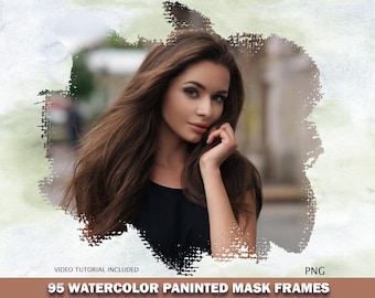 95 Watercolor Portrait Mask, Brush Paint Photo Frame Overlays, Textures, Photoshop overlays, PNG