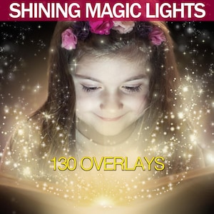 130 nakładek z błyszczącymi magicznymi światłami do Photoshopa, nakładki świąteczne, światła na otwarte prezenty, magiczne światło książki, świecące nakładki, błyszczące światło