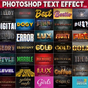 May include: A collection of Photoshop text effect templates, each with a unique style. The image showcases various text effects, including "Gold", "Fire", and "Marble", with a header that reads "PHOTOSHOP TEXT EFFECT V.6".