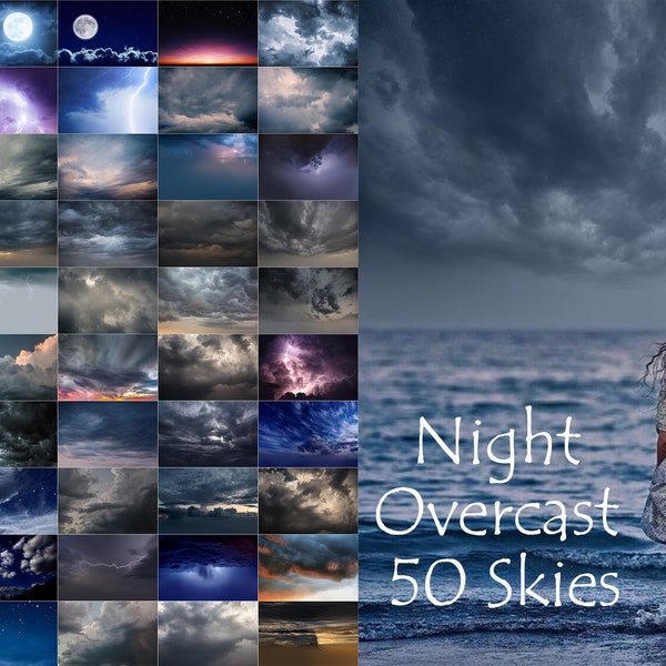 50 Rainy Sky Photoshop Overlays, Storm Sky, Bedeckter Himmel, Digital Sky Backdrop, Beleuchtungshimmel, Wolkeneffekt, Night Dramatic Sky Overlays