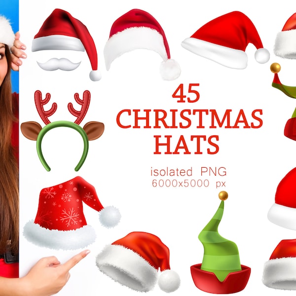 45 Christmas Hats, Photoshop Overlay, Christmas Overlays Decoration, Holidays, Santa digital red hat, Christmas Hat Photography, PNG files