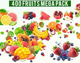 400 Fruits PNG Bundle, Exotic Fruit Clipart, Sliced Fruits Collection, Realistic Organic Food, Strawberry