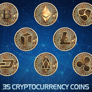 35 Cryptocurrency coins, Golden bitcoin coin, Crypto currency, Bitcoin symbol isolated, currency background, digital ecommerce blockchain