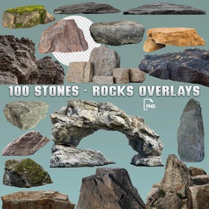 Puede incluir: Una colección de 100 imágenes de alta resolución de rocas y piedras, perfectas para agregar texturas realistas a proyectos de arte y diseño digital. Las imágenes presentan una variedad de formas, tamaños y colores, incluyendo gris, marrón, verde y negro.