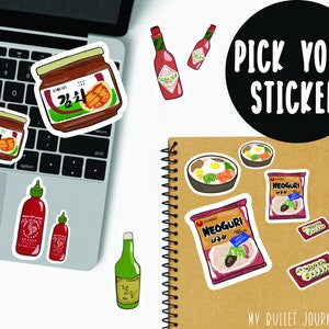 Korean stickers, Pick your stickers, bibimbap, kimbap, ramen noodles, soju stickers, kawaii stickers, sriracha sticker, tabasco sticker