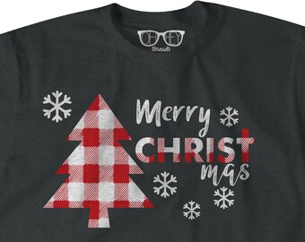 Camisa de Navidad Cristiana Feliz CRISTO árbol de nieve a cuadros