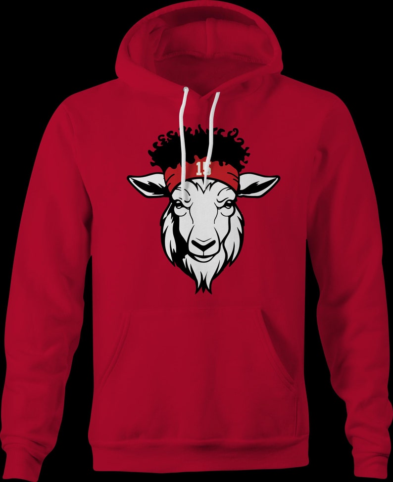 May include: Red hooded sweatshirt with a white goat head graphic wearing a red headband with the number "15" on it.