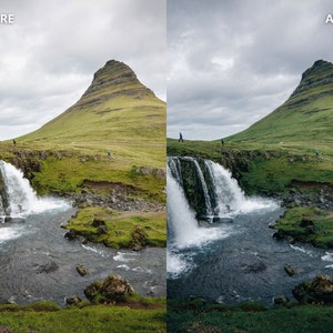 Op de afbeelding: Een dramatisch landschap met een waterval die naar beneden stort over een rotsachtige klif, een groene berg op de achtergrond en een bewolkte lucht.