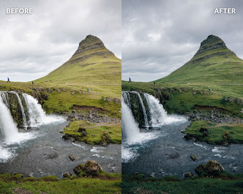 Op de afbeelding: Een dramatisch landschap met een waterval die naar beneden stort over een rotsachtige klif, een groene berg op de achtergrond en een bewolkte lucht.