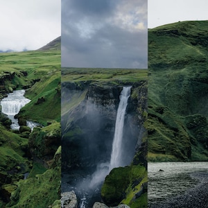 Op de afbeelding: Een panoramisch uitzicht op een waterval die naar beneden stort over een rotsachtige klif, omringd door weelderige groene vegetatie. De waterval is omgeven door mist en de lucht is bewolkt.