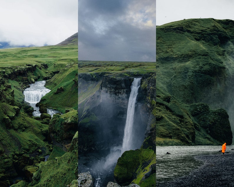 Op de afbeelding: Een panoramisch uitzicht op een waterval die naar beneden stort over een rotsachtige klif, omringd door weelderige groene vegetatie. De waterval is omgeven door mist en de lucht is bewolkt.