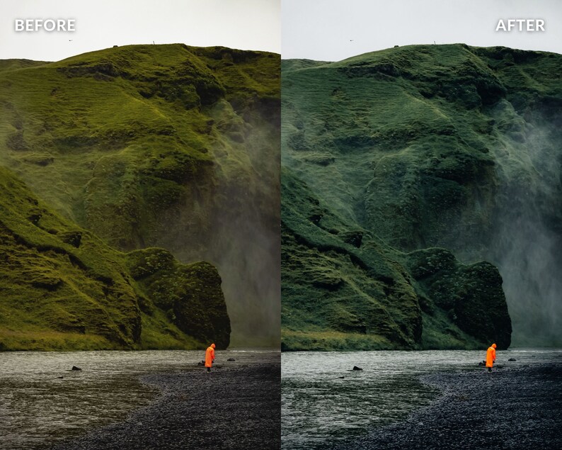 Op de afbeelding: Een persoon in een oranje regenjas staat in een rivierbedding met een groene, mistige berg op de achtergrond.