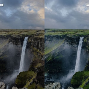 Op de afbeelding: Een dramatisch uitzicht op een waterval die naar beneden stort over een rotsachtige klif. Het water is wit en mistig, en het omringende landschap is groen en weelderig. De lucht is bewolkt en grijs.