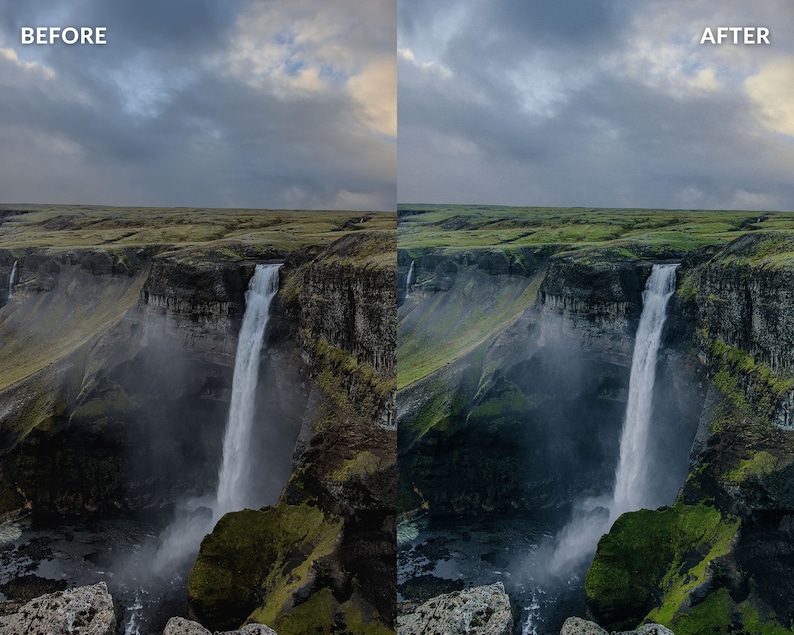 Op de afbeelding: Een dramatisch uitzicht op een waterval die naar beneden stort over een rotsachtige klif. Het water is wit en mistig, en het omringende landschap is groen en weelderig. De lucht is bewolkt en grijs.