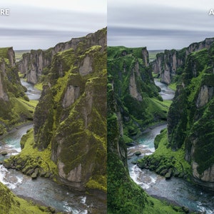 Op de afbeelding: Een schilderachtig uitzicht op een diepe kloof met een kronkelende rivier die erdoorheen stroomt. De kloofwanden zijn bedekt met weelderig groen mos en vegetatie. De lucht is bewolkt en de rivier is lichtblauw.
