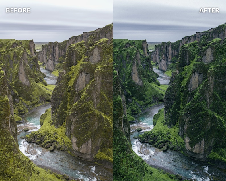 Op de afbeelding: Een schilderachtig uitzicht op een diepe kloof met een kronkelende rivier die erdoorheen stroomt. De kloofwanden zijn bedekt met weelderig groen mos en vegetatie. De lucht is bewolkt en de rivier is lichtblauw.