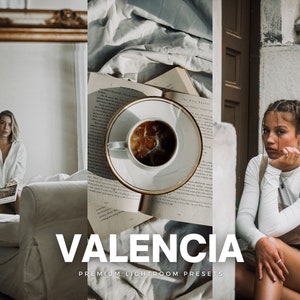 May include: A photo collage featuring a woman in a white shirt, a cup of coffee, and a book with the text "VALENCIA PREMIUM LIGHTROOM PRESETS".