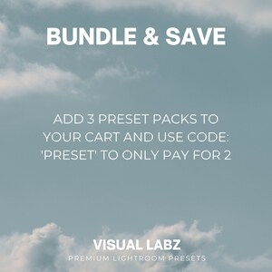 Op de afbeelding: Een blauwe en witte afbeelding met de tekst "BUNDLE & SAVE" en "ADD 3 PRESET PACKS TO YOUR CART AND USE CODE: 'PRESET' TO ONLY PAY FOR 2". De afbeelding bevat ook de tekst "VISUAL LABZ" en "PREMIUM LIGHTROOM PRESETS".