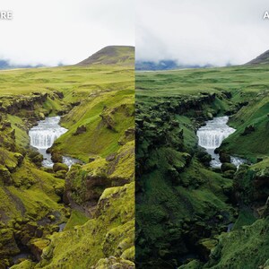 Op de afbeelding: Een weelderig groen landschap met een kleine waterval die door een rotsachtige kloof stroomt. De sc&egrave;ne is vastgelegd in een voor-en-na-formaat, wat het verschil in kleur en contrast laat zien.