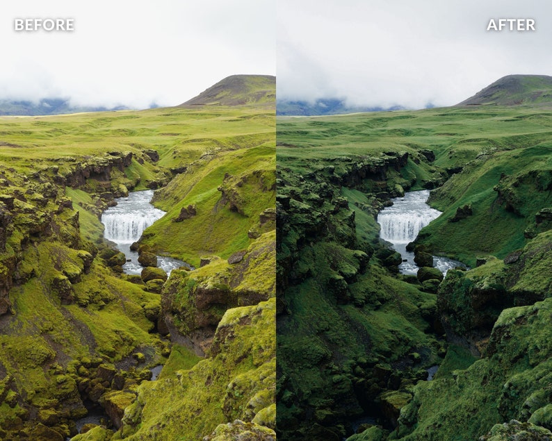 Op de afbeelding: Een weelderig groen landschap met een kleine waterval die door een rotsachtige kloof stroomt. De sc&egrave;ne is vastgelegd in een voor-en-na-formaat, wat het verschil in kleur en contrast laat zien.