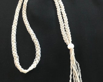 Vintage Tassel Pearl and Opalescent Woven Beads 46' Necklace