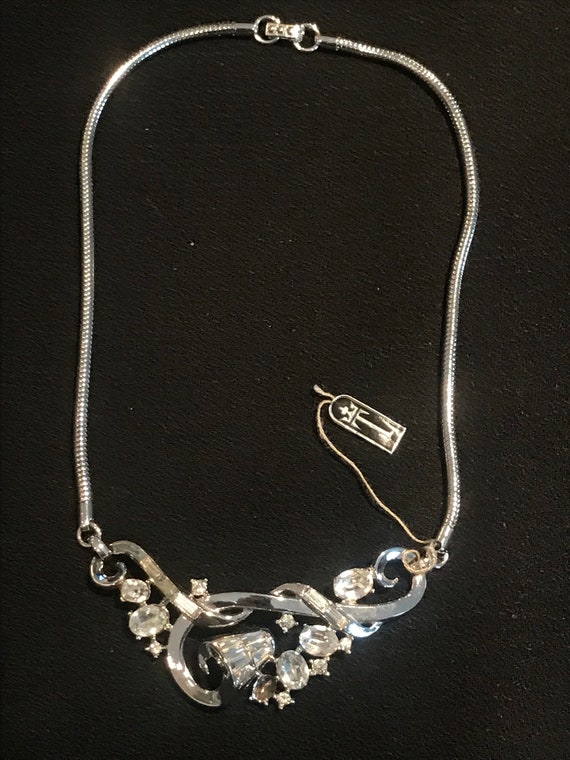 Trifari Vintage Rhinestone Silvertone Necklace 15" - image 1