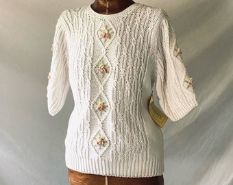 Vintage 80s Off White Chunky Floral Knit Short Sleeve Sweater