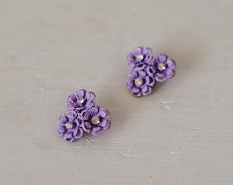 Vintage 60s Violet Hue Floral Cluster Clip On Earrings w/ Rhinestones