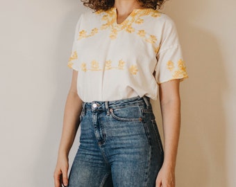 Vintage Yellow/White Embroidered Mexican Tunic Blouse