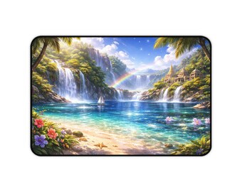 Tropical Waterfall Paradise Desk Mat | Beach Scene Rainbow, Floral Shores